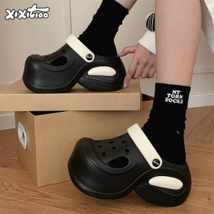 懒人半拖鞋 室外增高EVA防滑女时尚 夏8cm 街头风撞色洞洞鞋 细细条