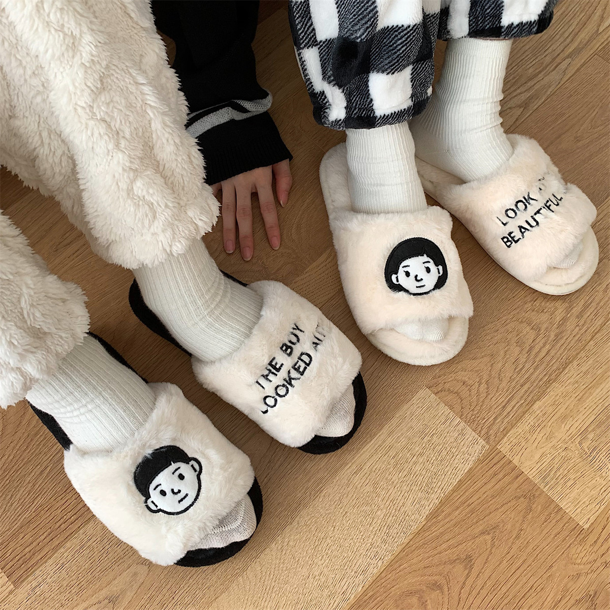 细细条 新款情侣室内用防滑一字棉拖鞋女冬韩版时尚保暖毛绒鞋男,居家布艺,居家棉拖/棉鞋,淘宝优惠券,粉丝福利购,淘宝优惠卷