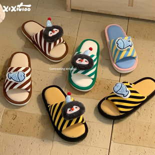 细细条 企鹅小鱼棉麻拖鞋女ins可爱四季通用防滑居家空调房地板鞋