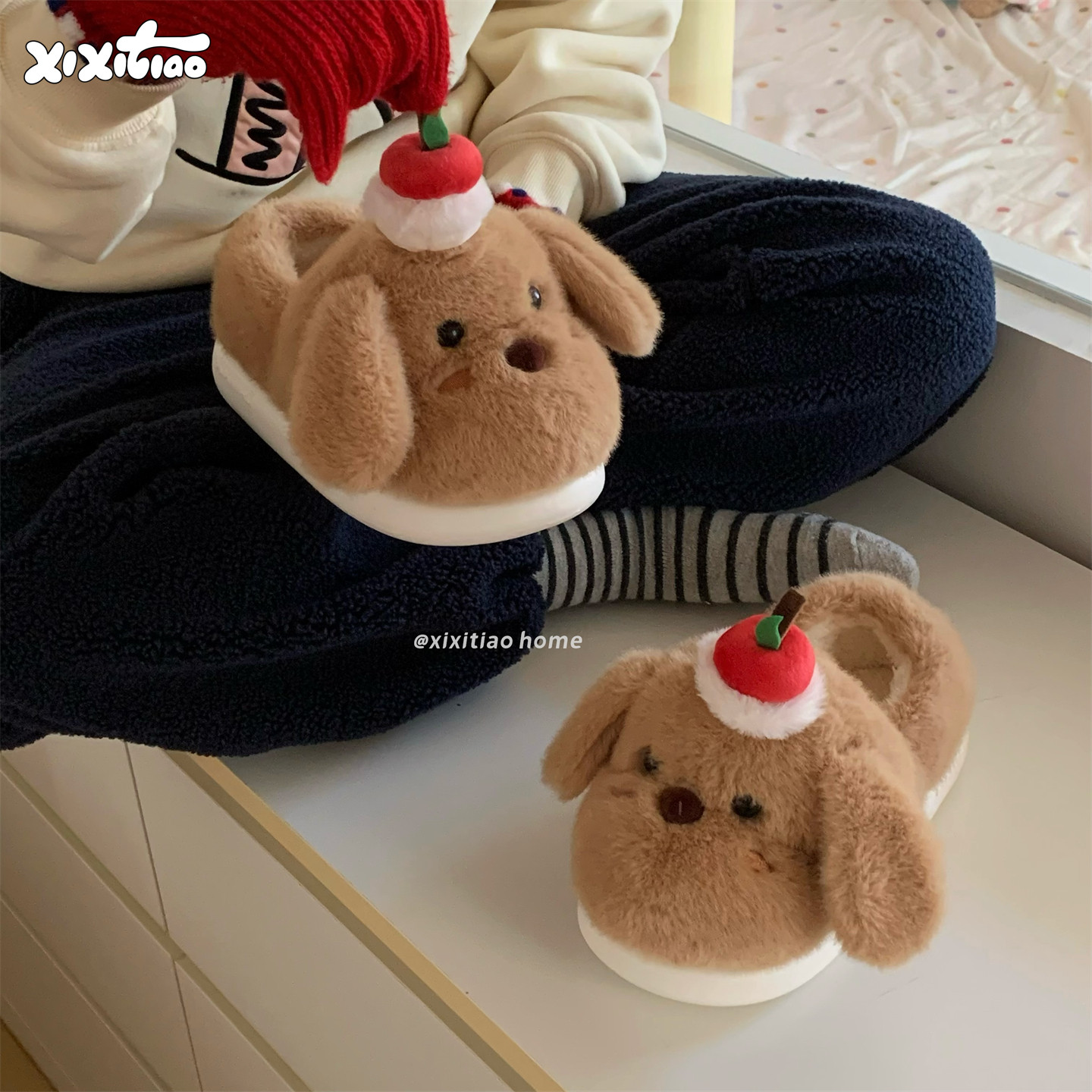 细细条 保暖包跟苹果小狗毛毛鞋女可爱少女心冬季防滑居家棉拖鞋,居家布艺,居家棉拖/棉鞋,淘宝优惠券,粉丝福利购,淘宝优惠卷