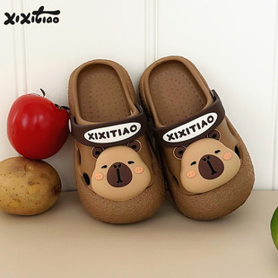 卡皮巴拉水豚男童女童可爱拿铁色沙滩凉鞋 夏季 儿童洞洞鞋 细细条