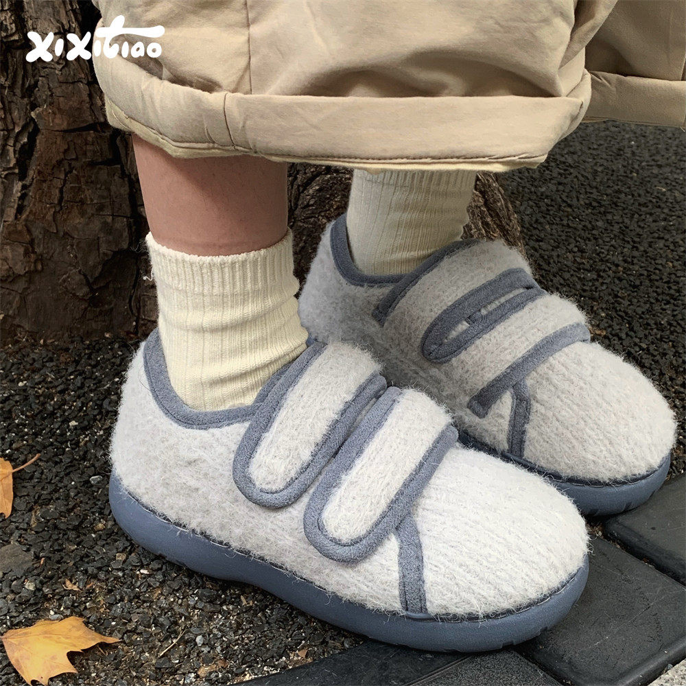 细细条 亲子室外休闲防滑日系拼色毛毛鞋创意魔术贴冬季豆豆鞋女,女鞋,棉鞋,淘宝优惠券,粉丝福利购,淘宝优惠卷