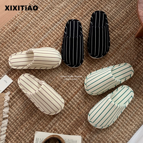 细细条 日式简约条纹棉拖鞋男女四季通用静音情侣居家地板鞋秋冬