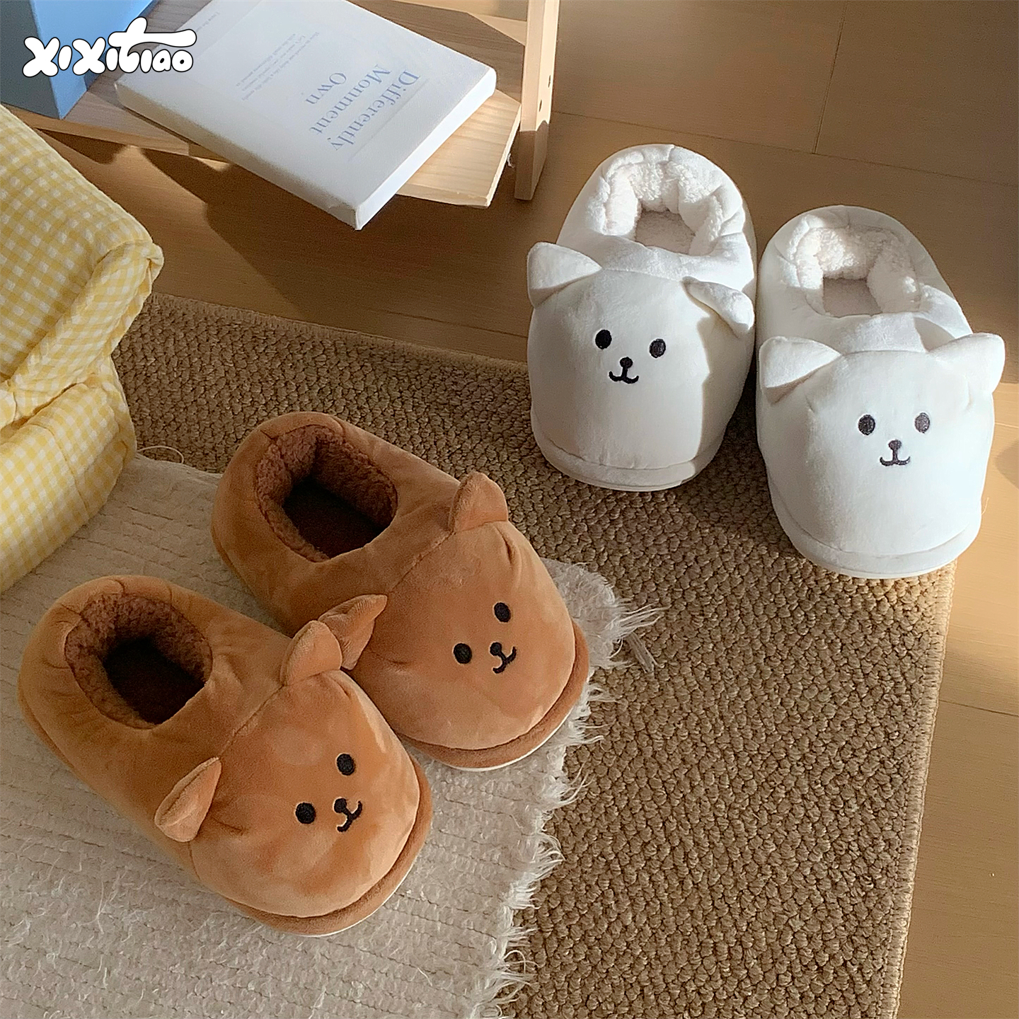 细细条 日系卡通小白熊棉拖鞋男女冬季情侣趣味暖呼呼家居面包鞋