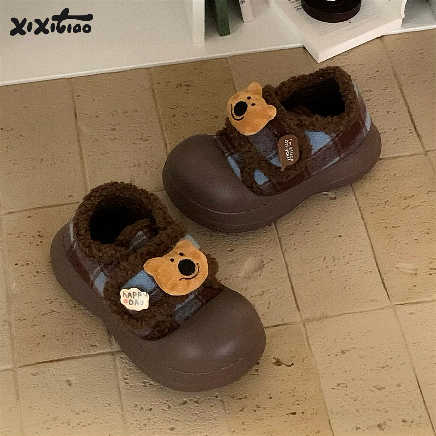 细细条趣味黑鼻小熊毛毛棉鞋女