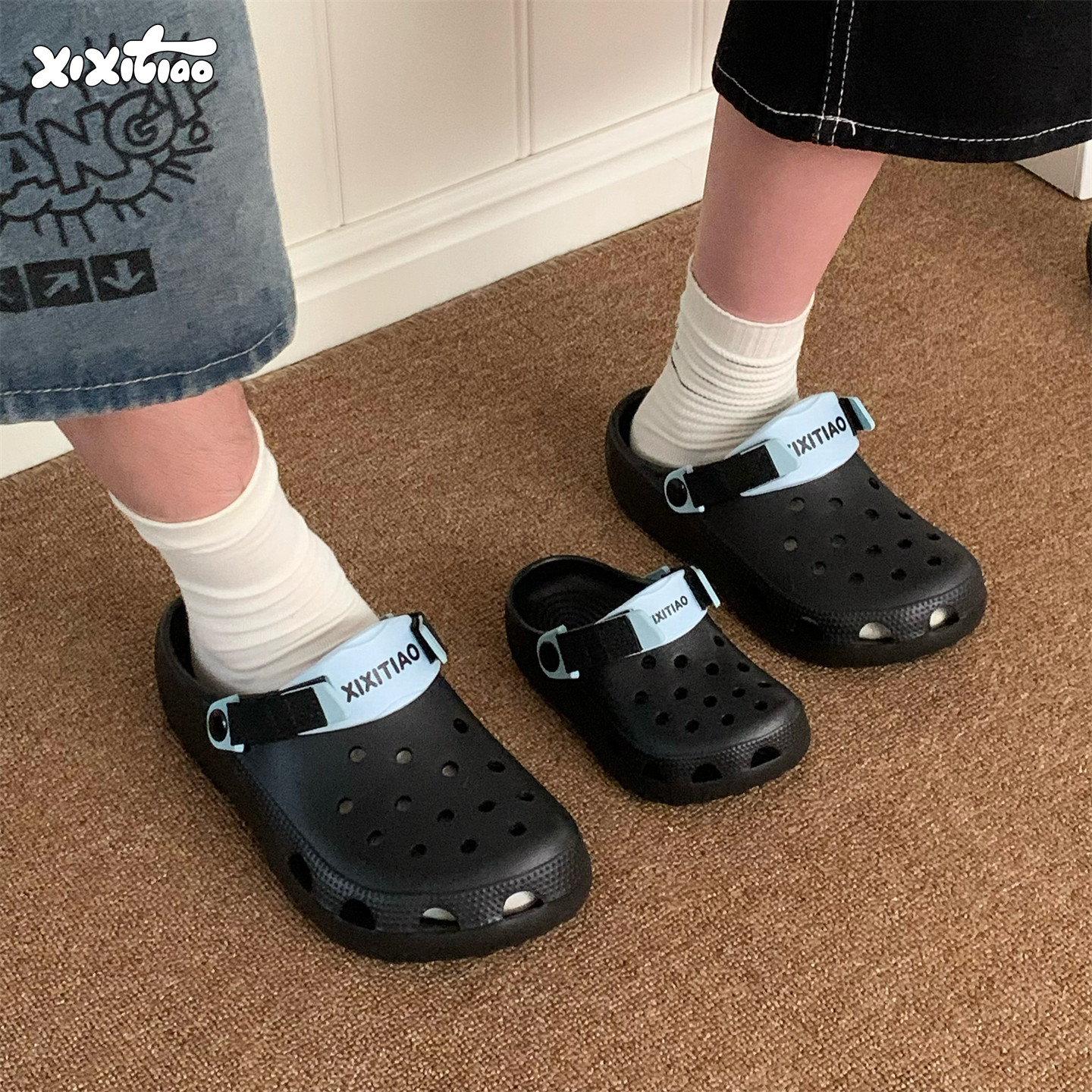 细细条时尚外穿足弓洞洞鞋男女