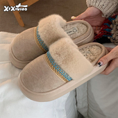 民族风棉拖鞋 女外穿百搭防滑厚底冬季 时尚 细细条 休闲居家月子鞋