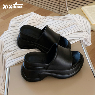 网红凉拖 女士外穿百搭防滑简约风夏季 细细条 增高9cm坡跟厚底拖鞋