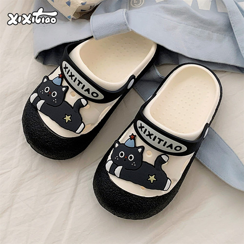 细细条ins潮拼色星星灰猫洞洞鞋