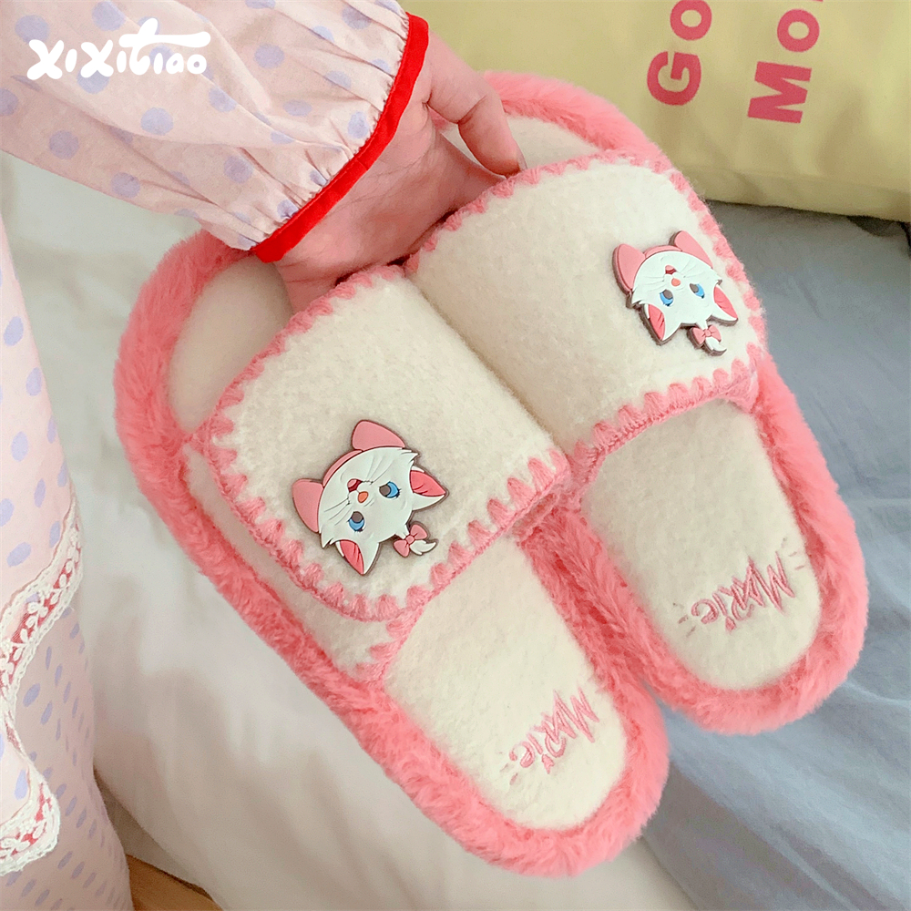 细细条迪士尼卡通拼色毛毛拖鞋