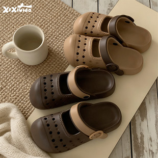 细细条 夏天百搭懒人包头拖女防滑度假网红沙滩洞洞鞋玛丽珍凉鞋