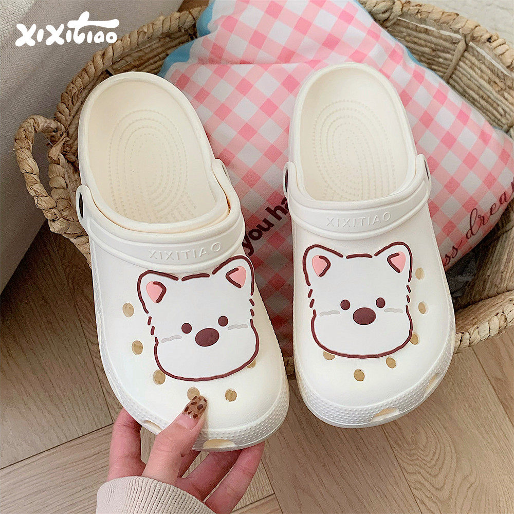 细细条 洞洞鞋男女夏ins呆萌小白狗情侣休闲室外凉拖鞋两穿沙滩鞋