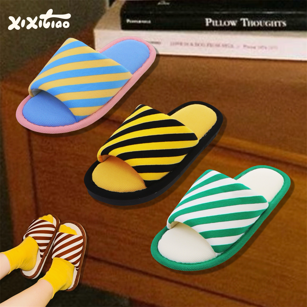 细细条 时尚居家小众撞色条纹地板鞋女轻便防滑四季通用棉麻拖鞋