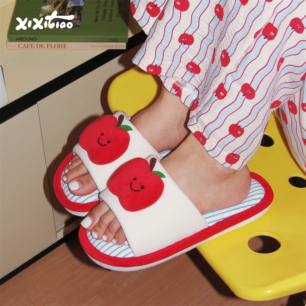 细细条 可爱笑脸苹果地板鞋吸汗透气春夏女士休闲居家软底月子鞋,居家布艺,居家亚麻拖鞋,淘宝优惠券,粉丝福利购,淘宝优惠卷