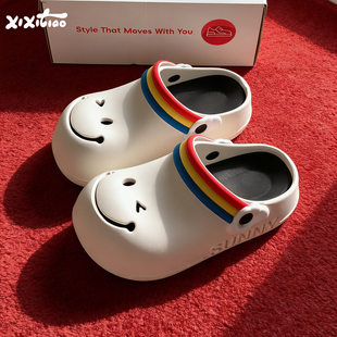 一脚蹬防滑足弓洞洞鞋 包头拖女夏外穿时尚 可爱笑脸勃肯鞋 细细条