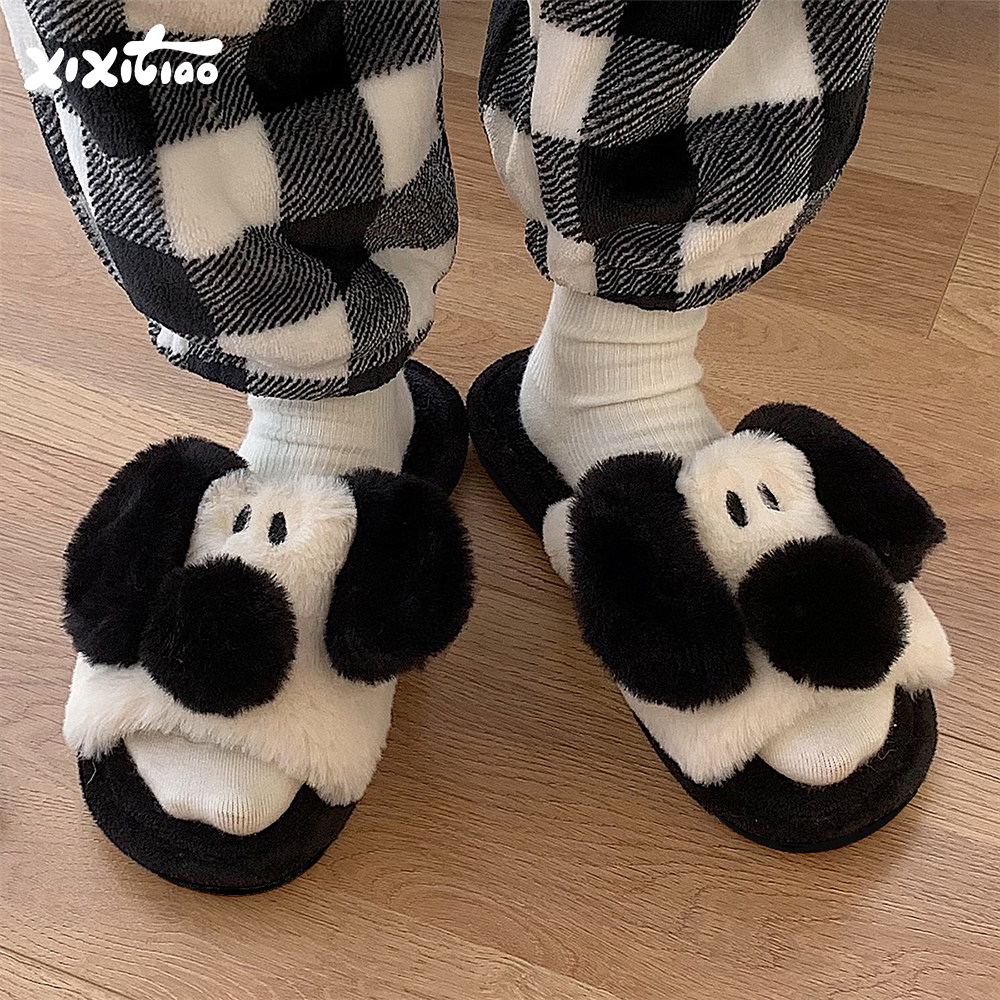 细细条 呆萌狗狗一字棉拖鞋男女秋冬季休闲居家情侣趣味毛毛拖鞋,居家布艺,居家棉拖/棉鞋,淘宝优惠券,粉丝福利购,淘宝优惠卷