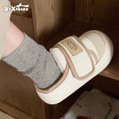 室内外面包鞋 保暖加绒冬季 女 可爱保暖拼色魔术贴半拖棉鞋 细细条
