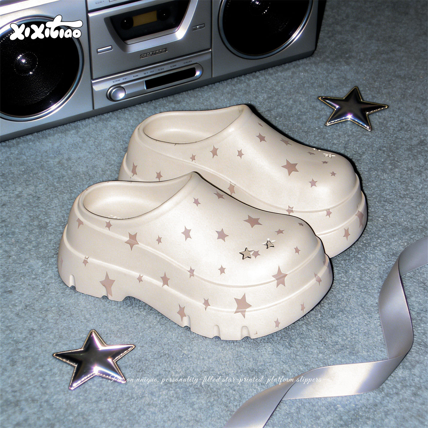 细细条 甜酷星星厨师鞋女夏外穿包头穆勒凉拖防滑足弓厚底洞洞鞋