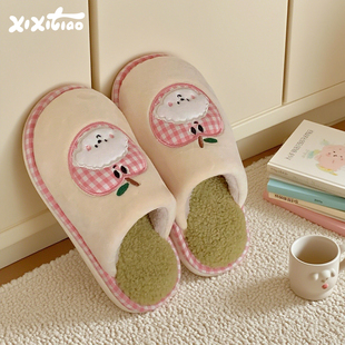 细细条 女秋冬防滑室内可爱毛绒包头毛毛拖 少女心苹果小狗棉拖鞋