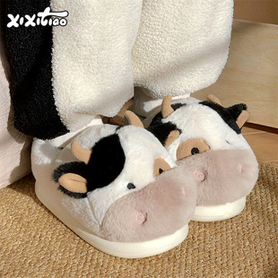 ins 男女室内加绒保暖一家三口家居鞋 细细条 冬天可爱小奶牛棉拖鞋