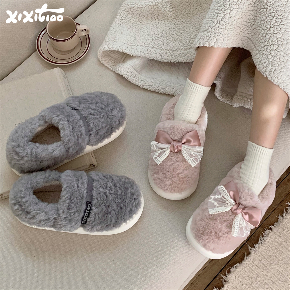 细细条甜美蝴蝶结情侣棉拖鞋