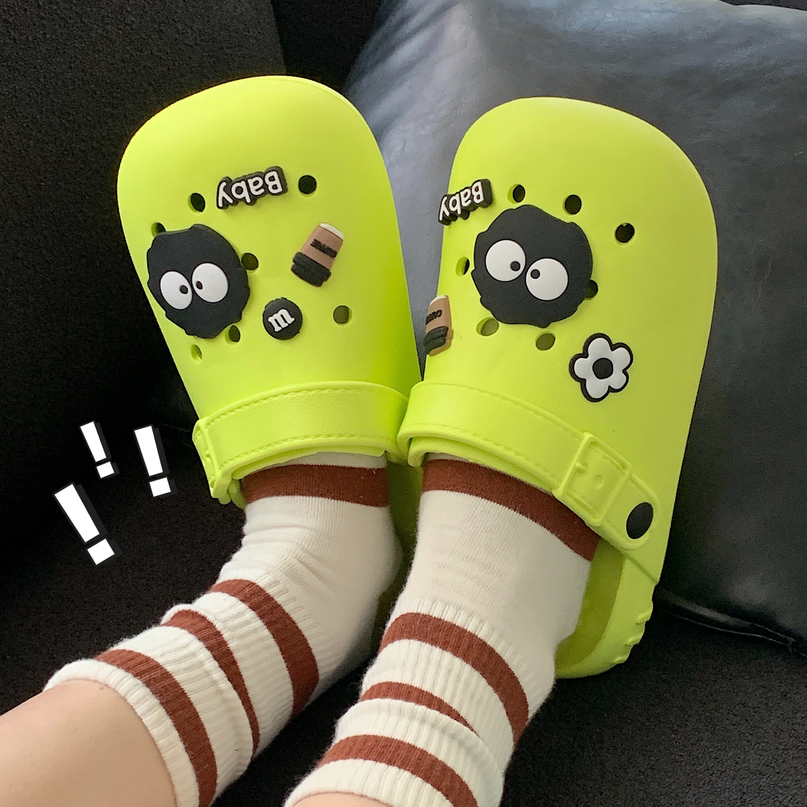 细细条 情侣ins潮酷个性搞怪煤球洞洞鞋男女夏季防滑亲子包头拖鞋