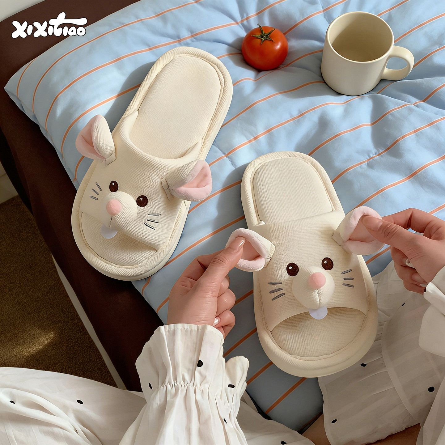 细细条 可爱老鼠棉布拖鞋男女吸汗不闷脚四季防滑情侣卧室地板鞋