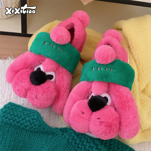 细细条玫红色狗狗全包跟毛毛鞋