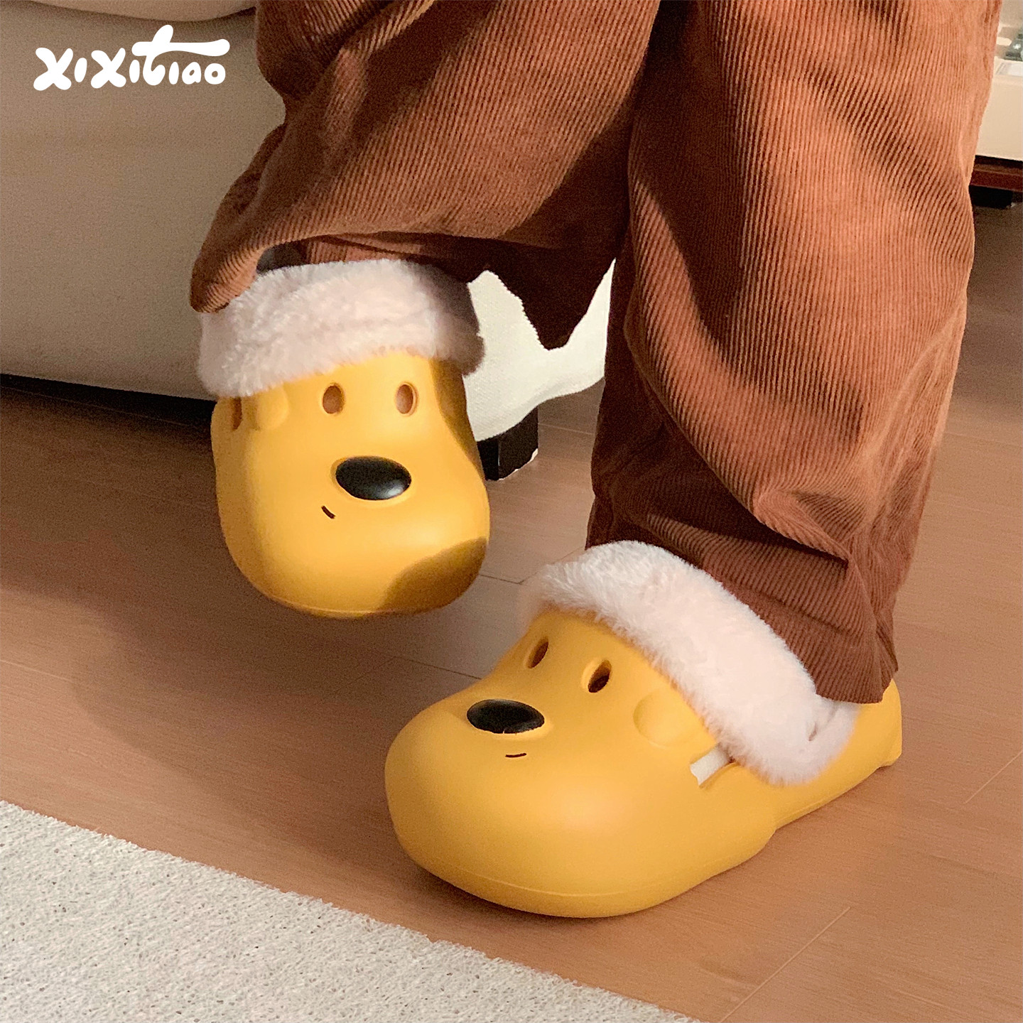 细细条 黄色狗狗加绒洞洞鞋新款百搭网红趣味保暖女冬防水棉拖鞋,居家布艺,居家棉拖/棉鞋,淘宝优惠券,粉丝福利购,淘宝优惠卷