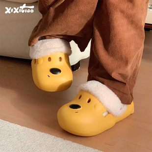 细细条 黄色狗狗加绒洞洞鞋新款百搭网红趣味保暖女冬防水棉拖鞋