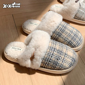 复古格子毛毛鞋 细细条 ins潮时尚 休闲防滑保暖包头冬季 男士 棉拖鞋