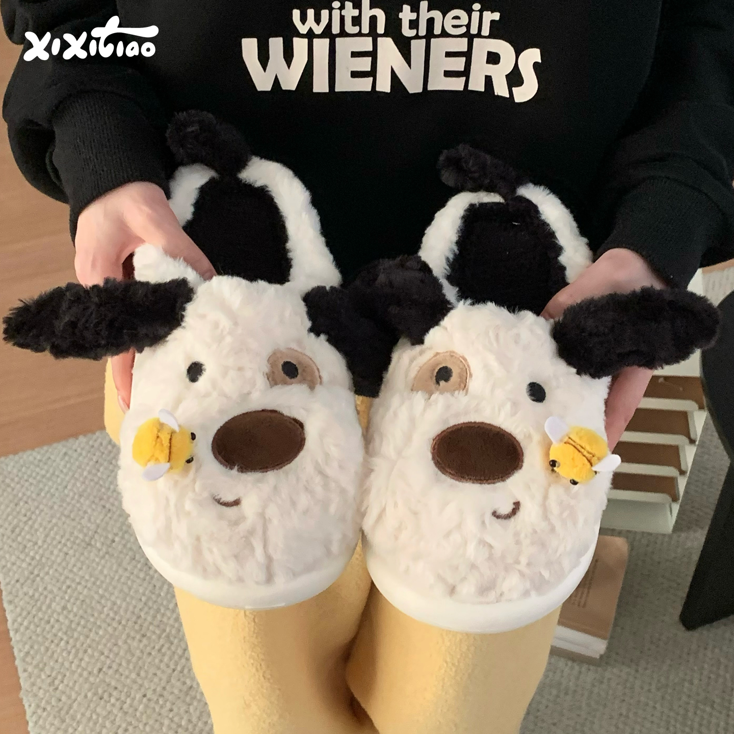 细细条 小蜜蜂居家鞋创意百搭可爱狗狗秋冬保暖软底棉拖鞋男女ins