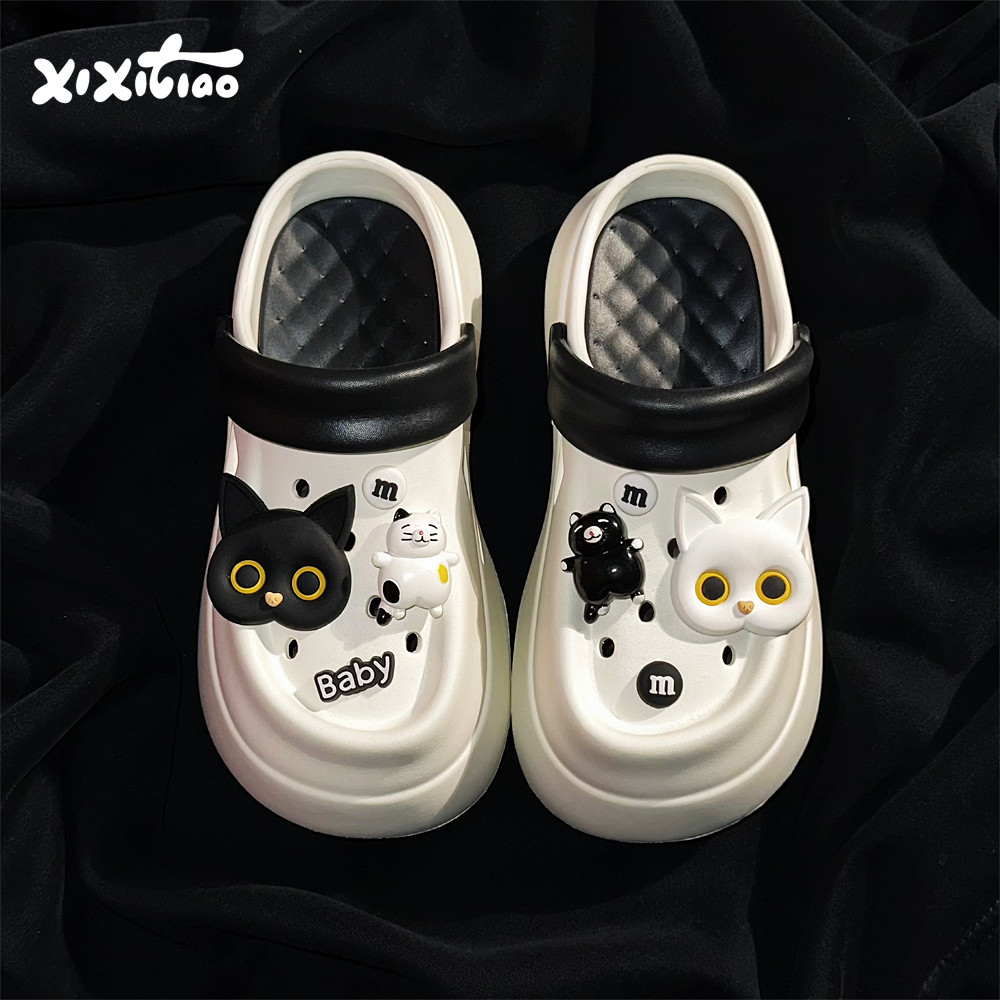 细细条 个性黑白小猫EVA厚底洞洞鞋时尚拼色夏季网红外穿凉拖鞋女