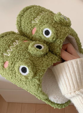 细细条 趣味情侣包头毛毛鞋防滑家用保暖冬季卡通青蛙棉拖鞋男女