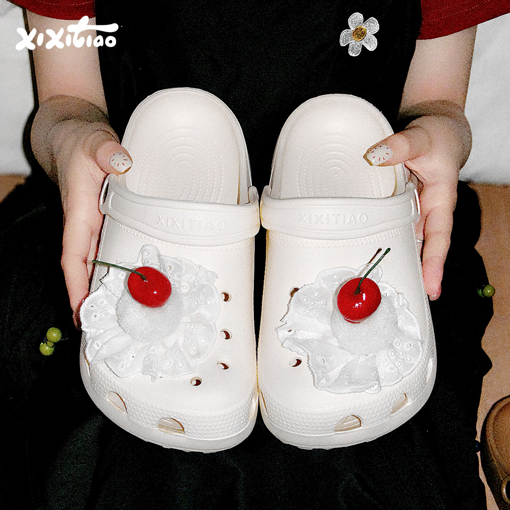 细细条 少女心2025夏季新款洞洞鞋女甜美樱桃蛋糕海边沙滩凉拖鞋