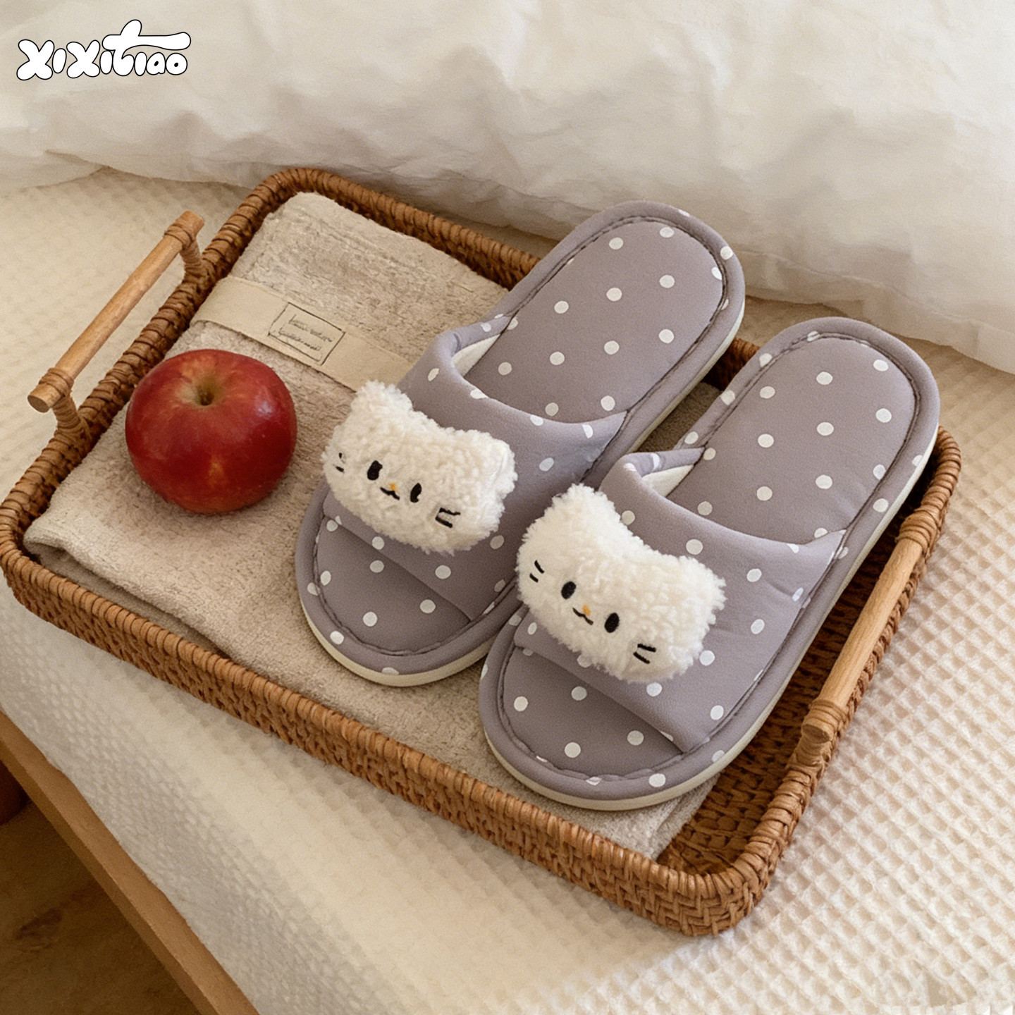 细细条 软萌猫咪棉布拖鞋女软底防滑吸汗四季通用可爱家居地板鞋