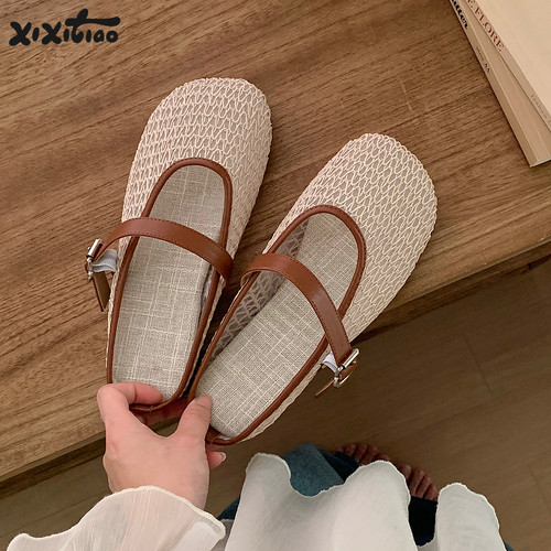 细细条镂空编织玛丽珍半拖鞋女