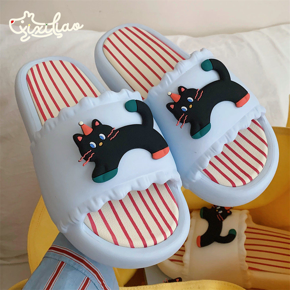 细细条 女士时尚外穿一字拖鞋个性黑色小猫居家防滑夏季浴室凉拖,女鞋,一字拖,淘宝优惠券,粉丝福利购,淘宝优惠卷