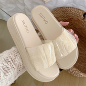 仙女风网纱凉拖鞋 女夏季 韩版 细细条 网红外穿防滑软厚底沙滩鞋 ins