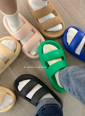 细细条 潮酷街头风双带凉拖鞋女夏情侣外穿踩屎感防滑绿色拖鞋男