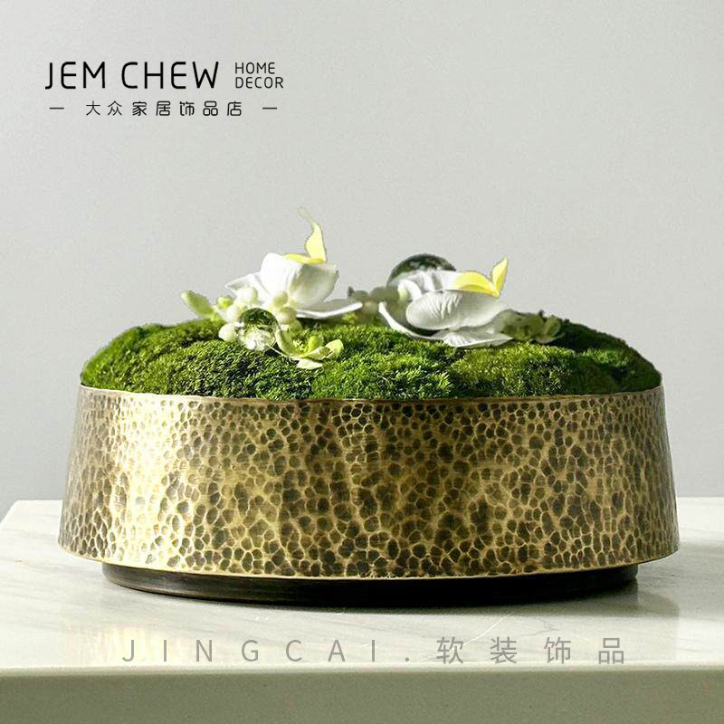 纯铜花器中式手敲书房茶室禅意创意仿真永生植物青苔盆栽桌面摆件