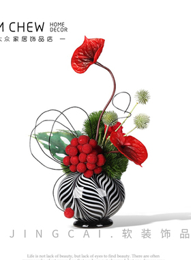 中古风现代黑色线条圆球玻璃花瓶花艺套装洽谈桌茶几餐桌红色饰品