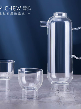 现代轻奢一壶两杯极简风透明玻璃冷水壶水杯 茶几玄关陈列软装饰