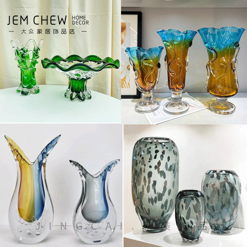 北欧美式玻璃花瓶果盘套装样板间售楼客厅餐桌插花艺玄关卧室边几