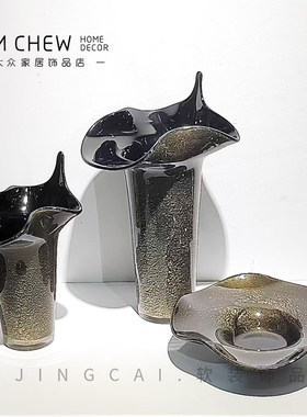 轻奢极简现代黑色银箔玻璃花瓶客厅茶几花器插花酒店样板房装饰
