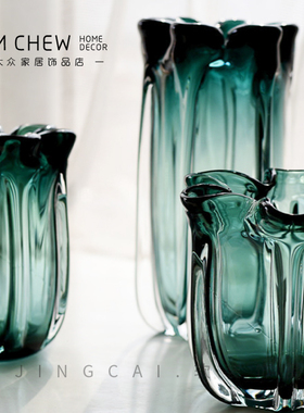 轻奢极简现代玻璃花瓶咖色绿色条纹厚重水培插花样板间售楼处摆件