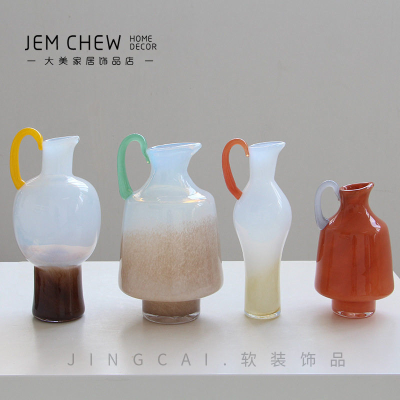 简约家居拼色单耳玻璃花瓶花器法式桌面彩色水培干花手工玻璃摆件