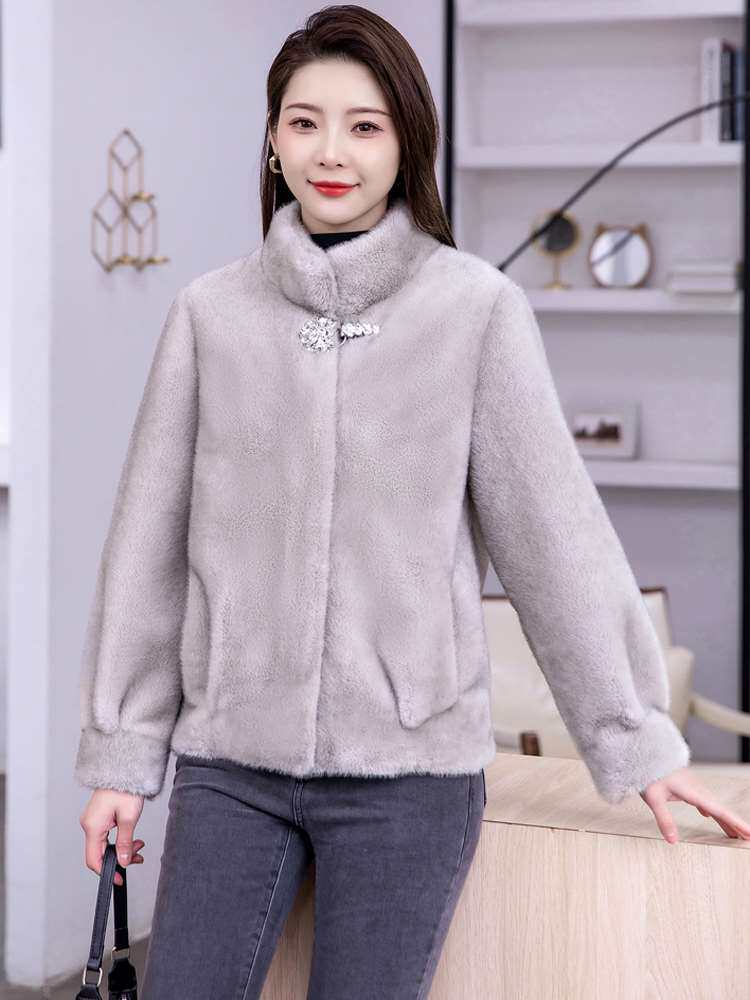 环保皮草仿水貂绒短款宽松加厚欧貂皮毛一体西服领皮草外套大衣女