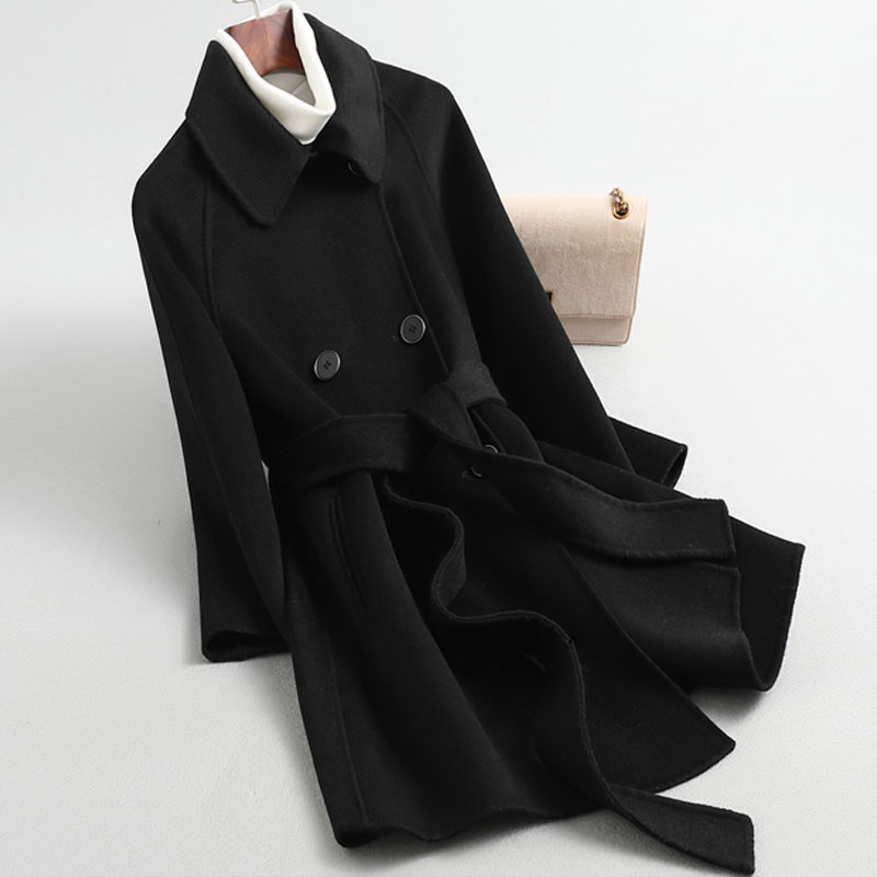 2025秋反季清仓双面羊绒大衣女中长款小个子韩版系带羊毛呢子外套