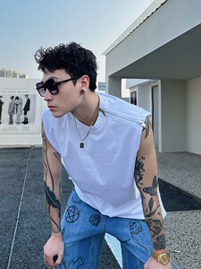 夏季拉链设计感小众背心男港风纯色ins潮牌运动无袖T恤痞帅马甲上